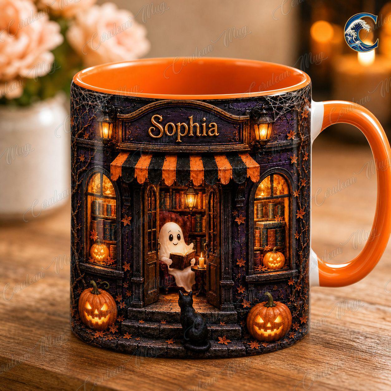 Personalized Ghost Reading Mug, Bookshop Coffee Mug, Halloween Book Lover Mug, Custom Name Cat Mug, Spooky Book Lover Gift
