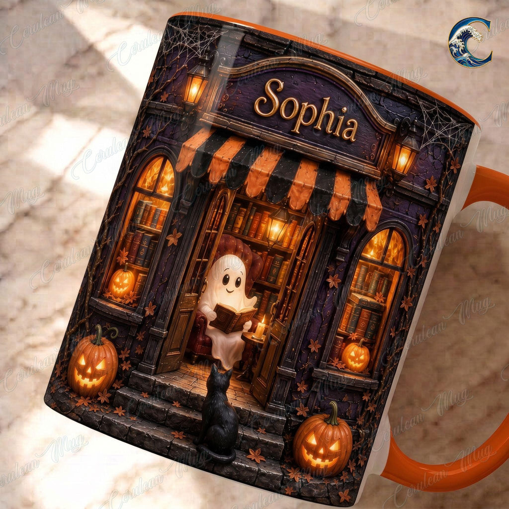 Personalized Ghost Reading Mug, Bookshop Coffee Mug, Halloween Book Lover Mug, Custom Name Cat Mug, Spooky Book Lover Gift