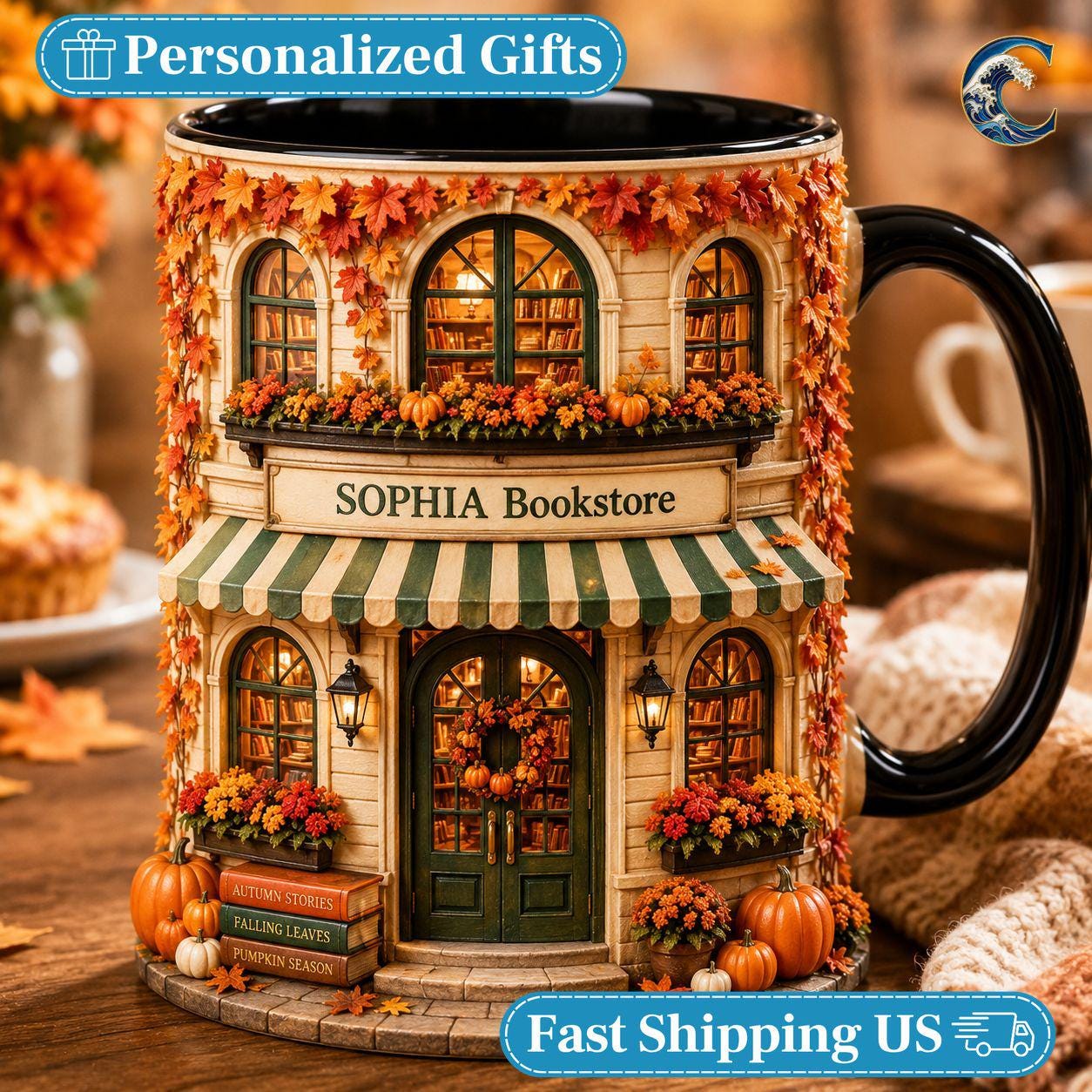 Personalized Bookstore Mug, Cozy Bookshop Coffee Mug, Autumn Fall Reading Mug, Custom Name Building Mug, Book Lover Gift