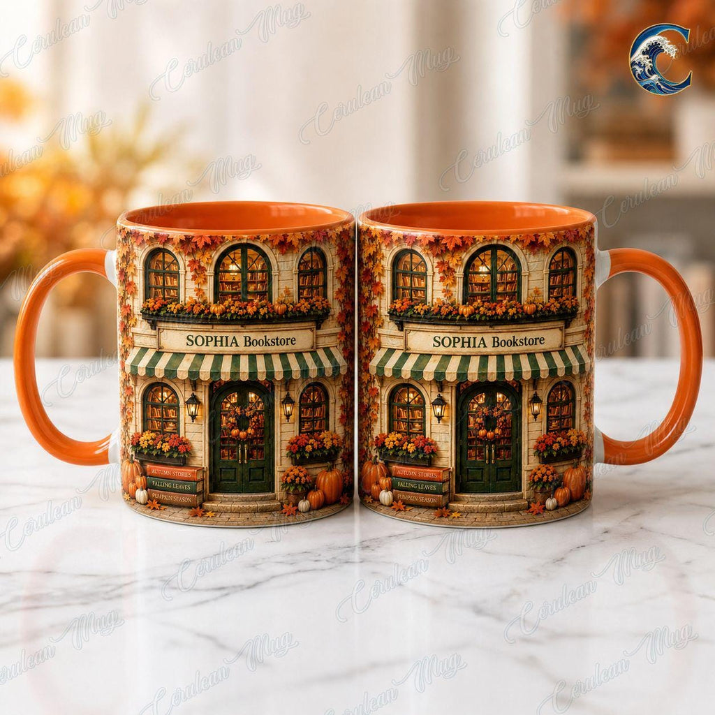 Personalized Bookstore Mug, Cozy Bookshop Coffee Mug, Autumn Fall Reading Mug, Custom Name Building Mug, Book Lover Gift