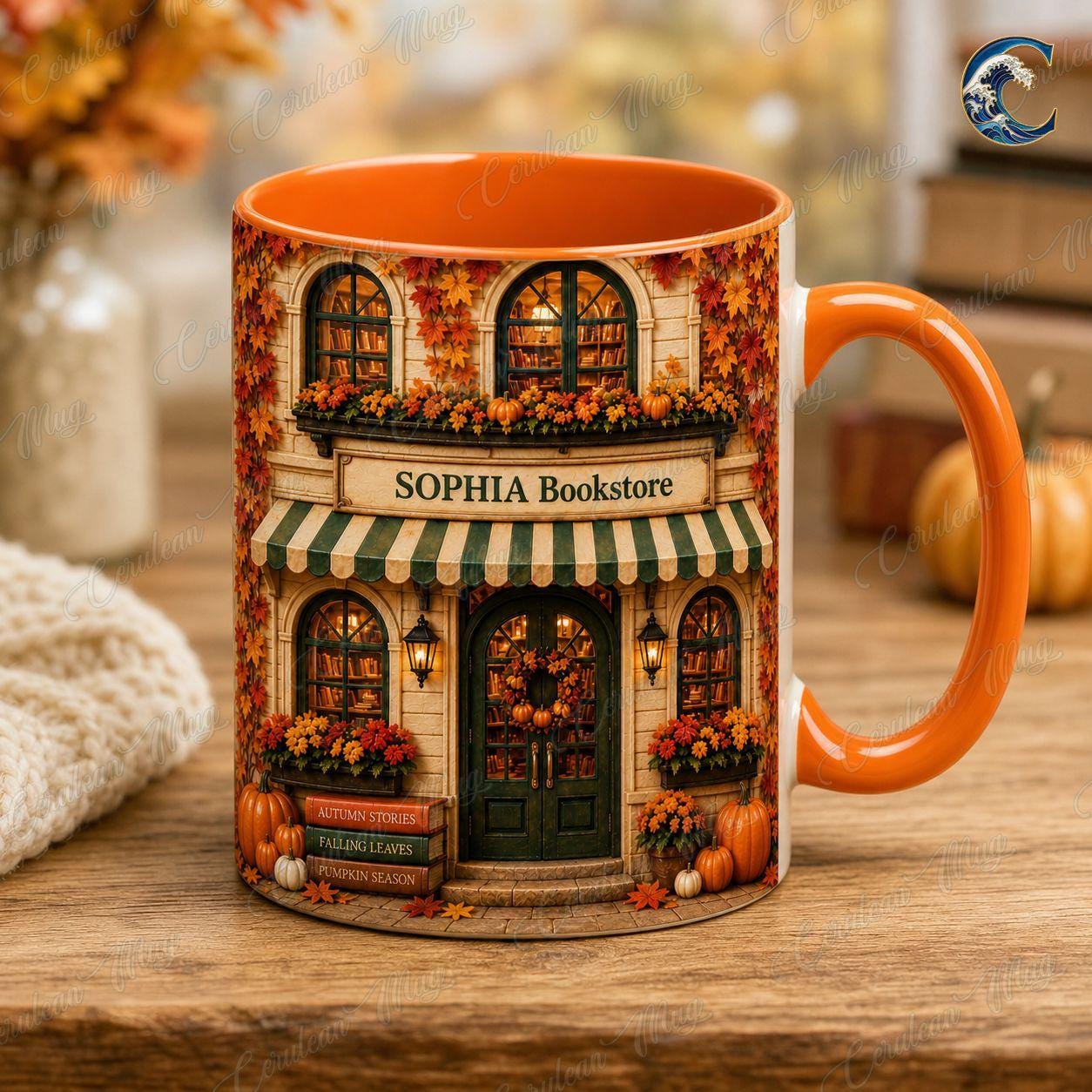 Personalized Bookstore Mug, Cozy Bookshop Coffee Mug, Autumn Fall Reading Mug, Custom Name Building Mug, Book Lover Gift