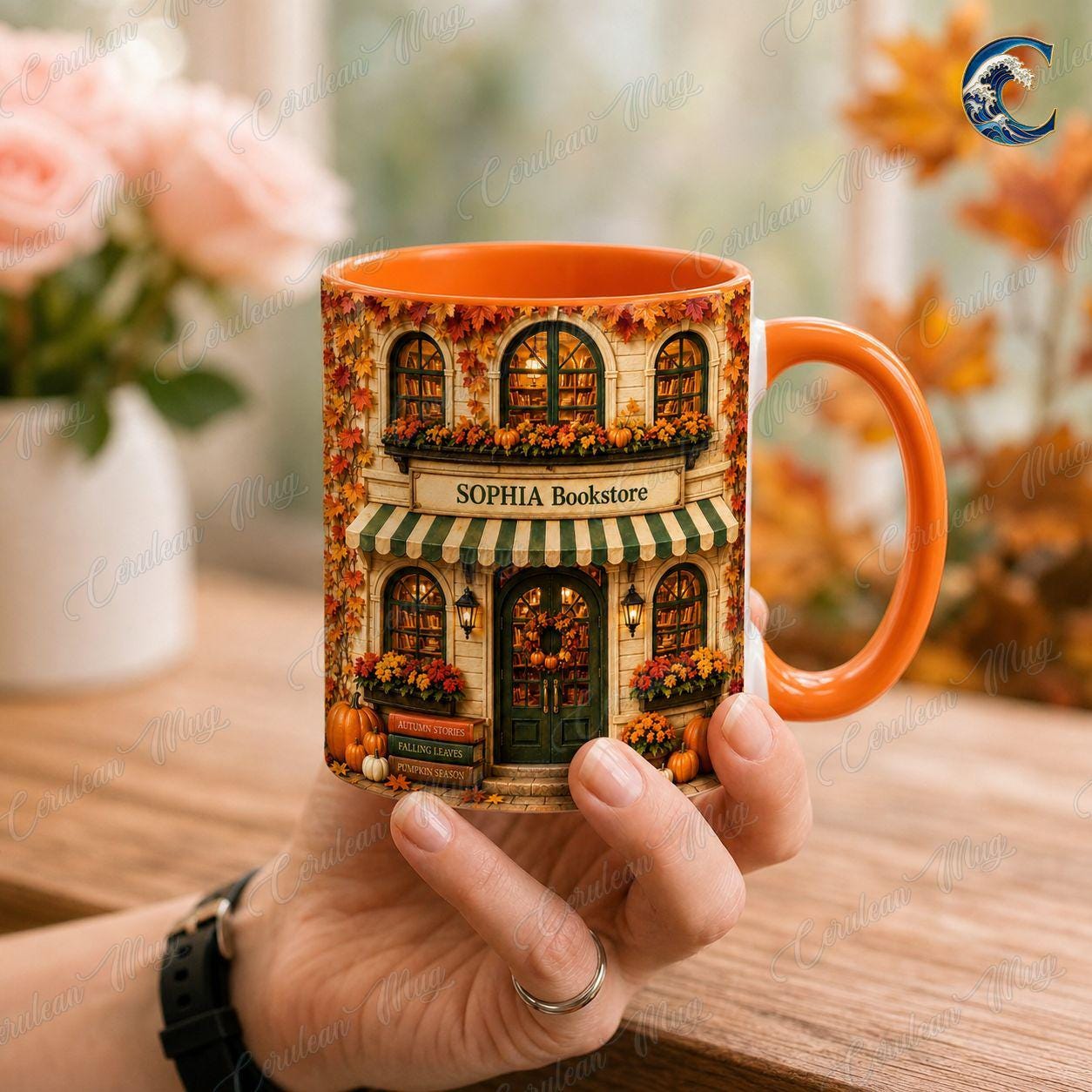 Personalized Bookstore Mug, Cozy Bookshop Coffee Mug, Autumn Fall Reading Mug, Custom Name Building Mug, Book Lover Gift