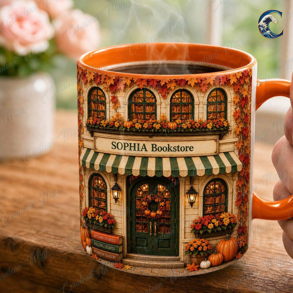 Personalized Bookstore Mug, Cozy Bookshop Coffee Mug, Autumn Fall Reading Mug, Custom Name Building Mug, Book Lover Gift