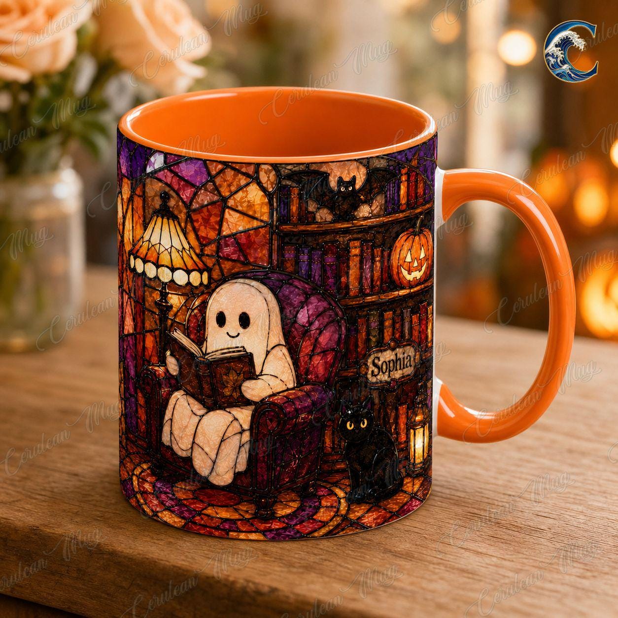 Personalized Stained Glass Reading Mug, Ghost Reading Coffee Mug, Halloween Cat Lover Mug, Custom Name Book Mug, Autumn Reading Gift