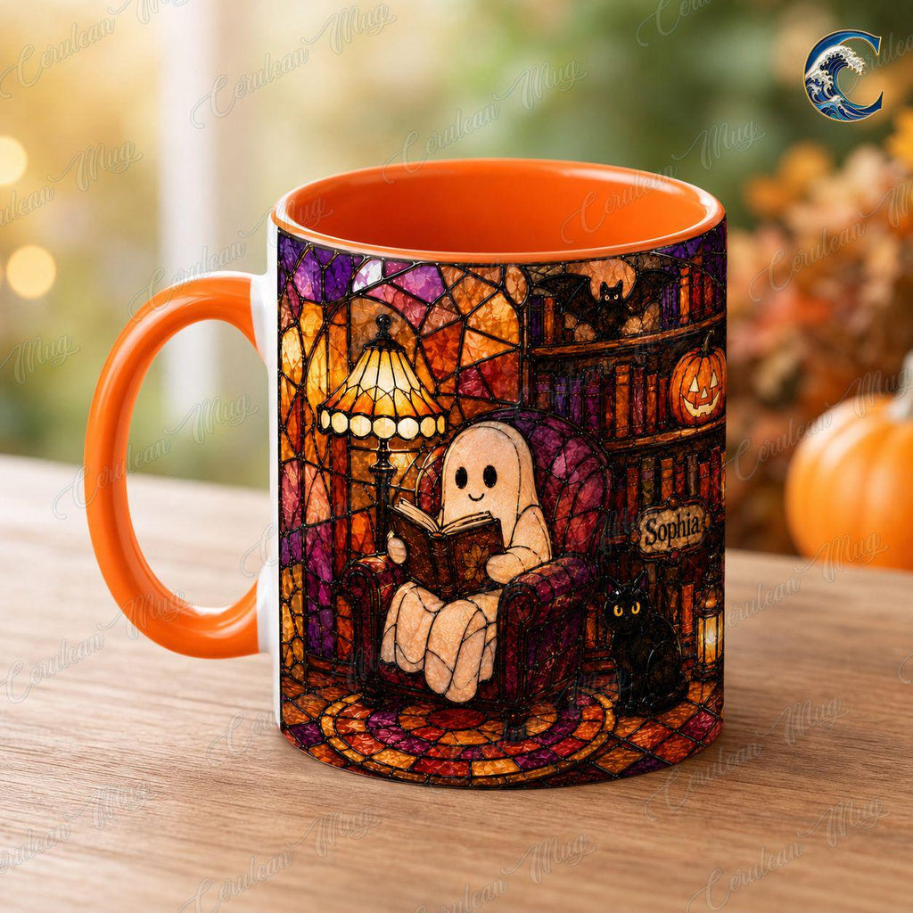 Personalized Stained Glass Reading Mug, Ghost Reading Coffee Mug, Halloween Cat Lover Mug, Custom Name Book Mug, Autumn Reading Gift