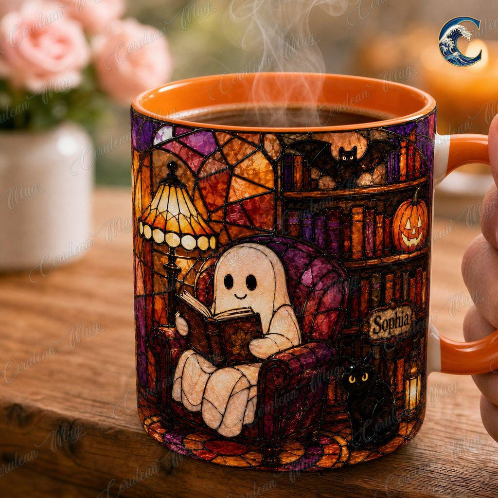 Personalized Stained Glass Reading Mug, Ghost Reading Coffee Mug, Halloween Cat Lover Mug, Custom Name Book Mug, Autumn Reading Gift