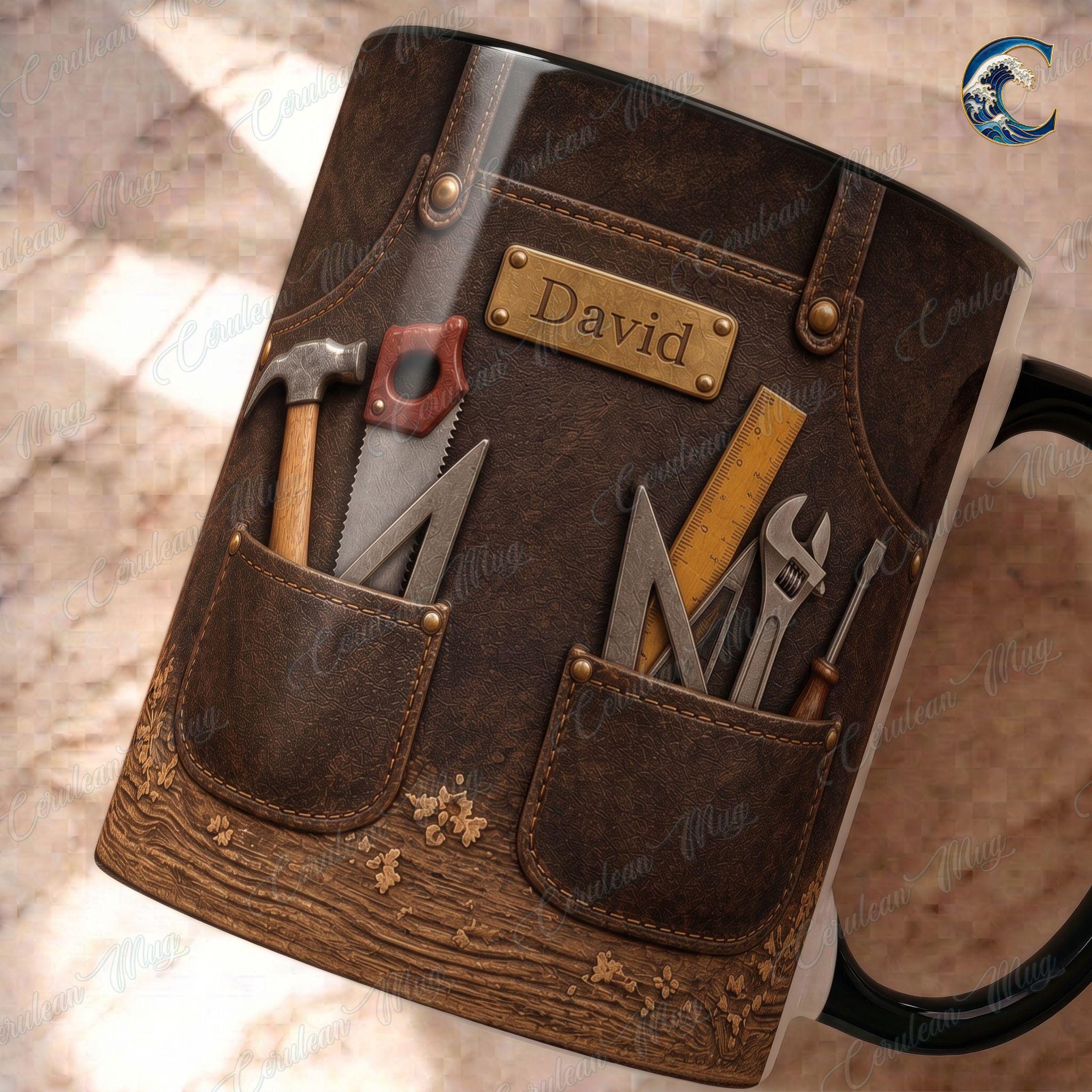 Personalized Carpenter Name Mug, Custom Woodworker Coffee Mug, Leather Tool Apron Mug, Woodworking Tools Mug, Carpenter Gift