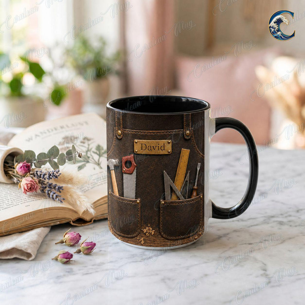 Personalized Carpenter Name Mug, Custom Woodworker Coffee Mug, Leather Tool Apron Mug, Woodworking Tools Mug, Carpenter Gift