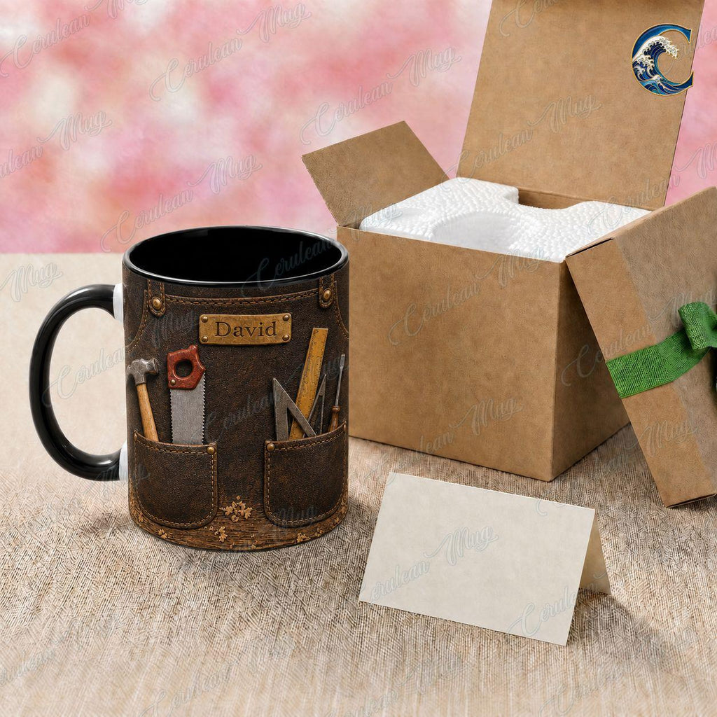 Personalized Carpenter Name Mug, Custom Woodworker Coffee Mug, Leather Tool Apron Mug, Woodworking Tools Mug, Carpenter Gift