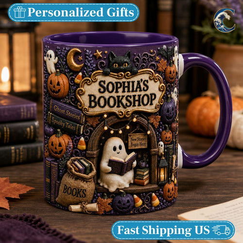 Personalized Bookshop Mug, Cuustom Name Bookshop Coffee Mug, Halloween Ghost Story Mug, Ghost Reading Mug, Spooky Book Gift