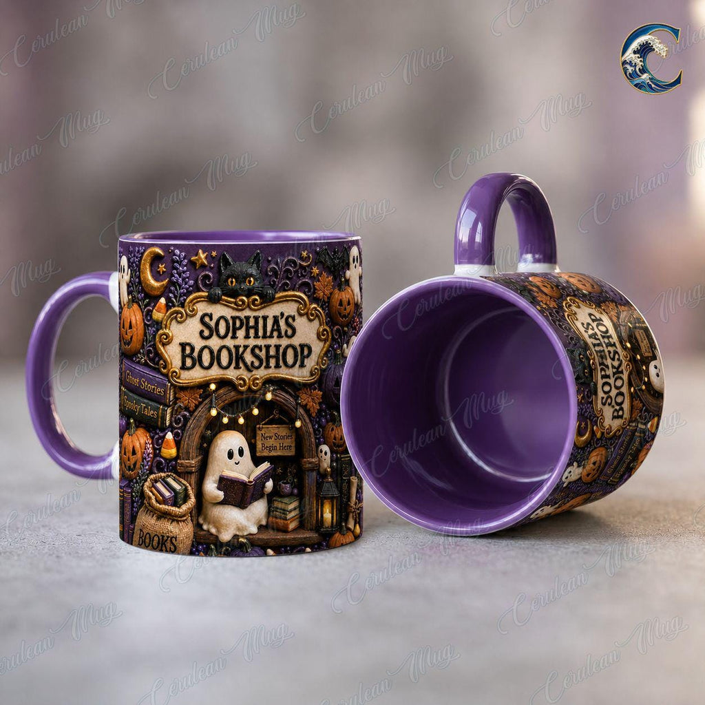 Personalized Bookshop Mug, Cuustom Name Bookshop Coffee Mug, Halloween Ghost Story Mug, Ghost Reading Mug, Spooky Book Gift