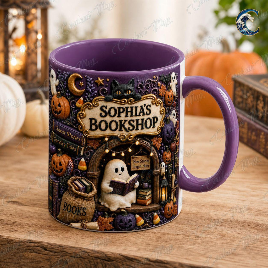 Personalized Bookshop Mug, Cuustom Name Bookshop Coffee Mug, Halloween Ghost Story Mug, Ghost Reading Mug, Spooky Book Gift