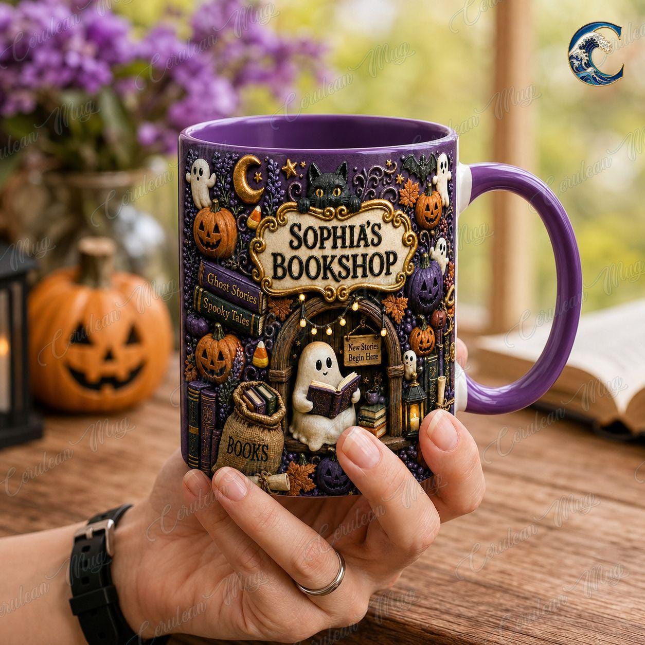 Personalized Bookshop Mug, Cuustom Name Bookshop Coffee Mug, Halloween Ghost Story Mug, Ghost Reading Mug, Spooky Book Gift