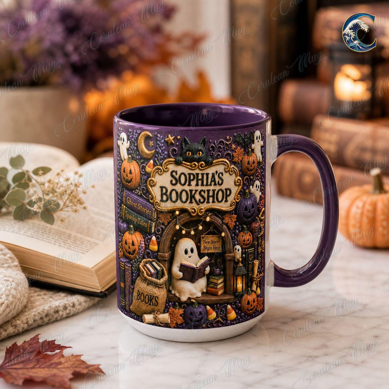Personalized Bookshop Mug, Cuustom Name Bookshop Coffee Mug, Halloween Ghost Story Mug, Ghost Reading Mug, Spooky Book Gift