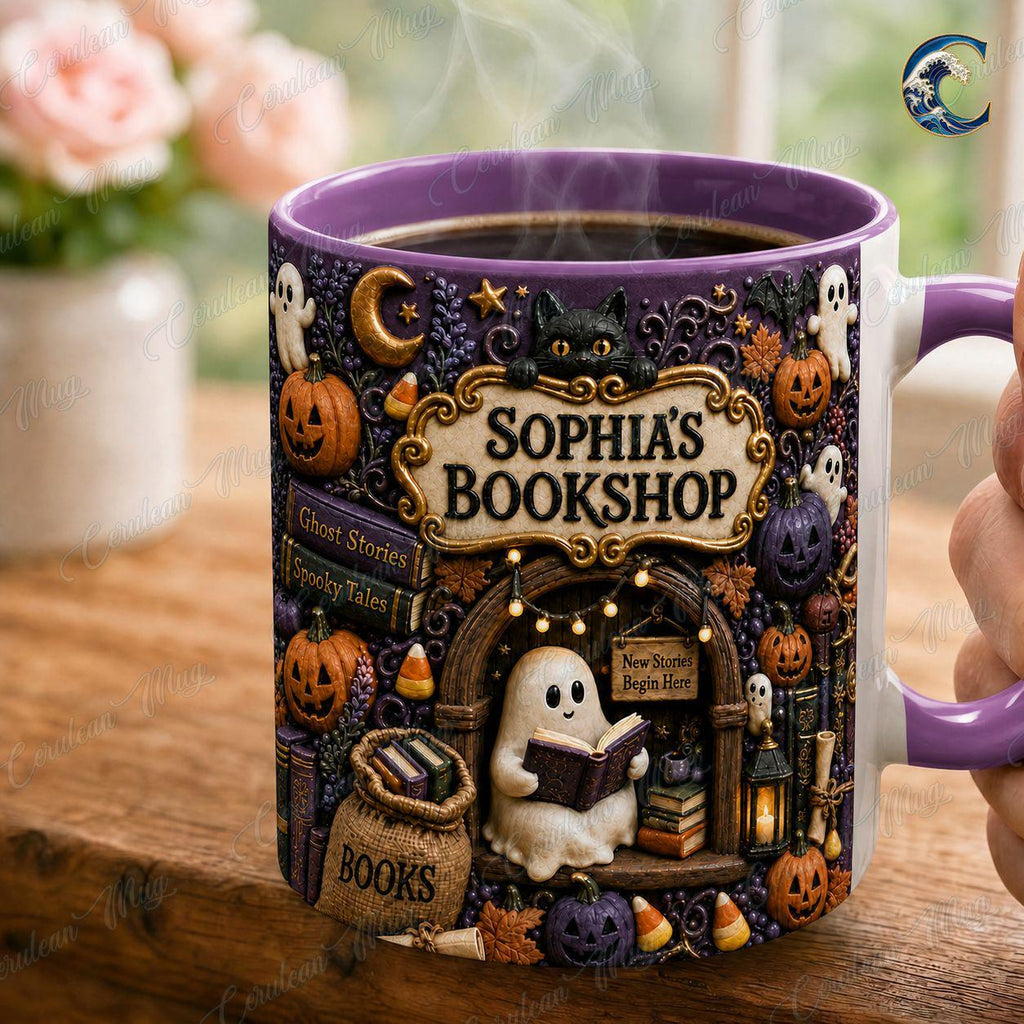 Personalized Bookshop Mug, Cuustom Name Bookshop Coffee Mug, Halloween Ghost Story Mug, Ghost Reading Mug, Spooky Book Gift