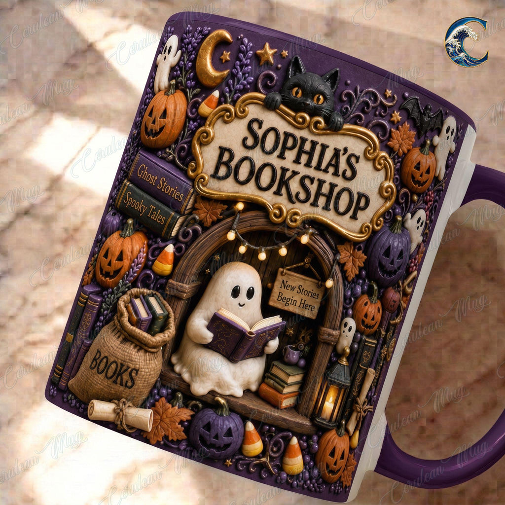 Personalized Bookshop Mug, Cuustom Name Bookshop Coffee Mug, Halloween Ghost Story Mug, Ghost Reading Mug, Spooky Book Gift