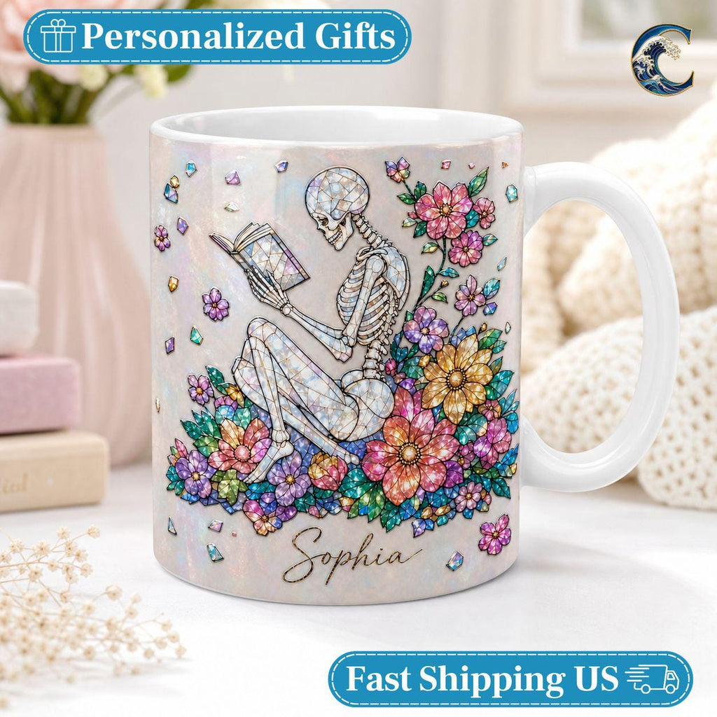 Personalized Skeleton Mug, Floral Reading Coffee Mug, Gemstone Skeleton Book Mug, Custom Name Flower Mug, Bookworm  Gift