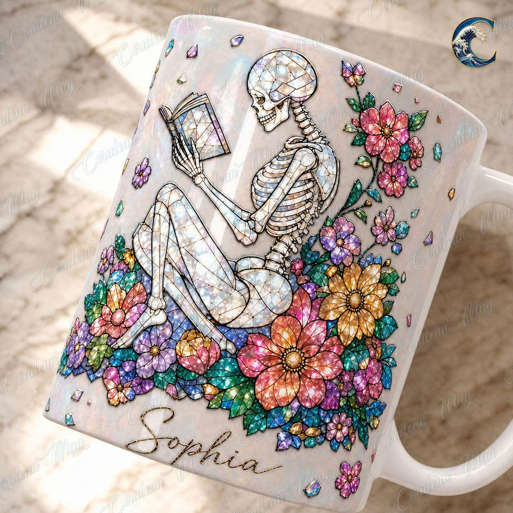 Personalized Skeleton Mug, Floral Reading Coffee Mug, Gemstone Skeleton Book Mug, Custom Name Flower Mug, Bookworm  Gift