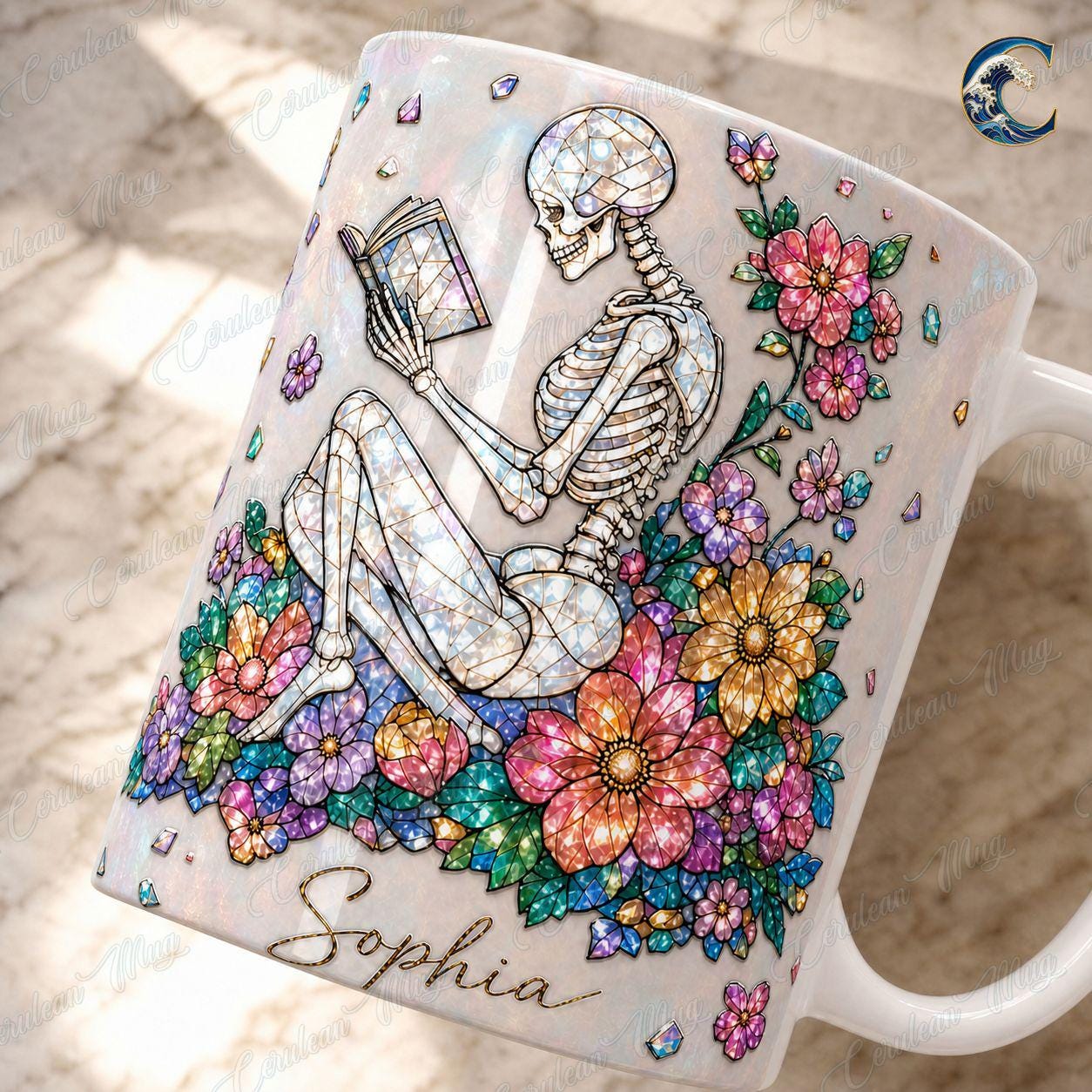 Personalized Skeleton Mug, Floral Reading Coffee Mug, Gemstone Skeleton Book Mug, Custom Name Flower Mug, Bookworm  Gift