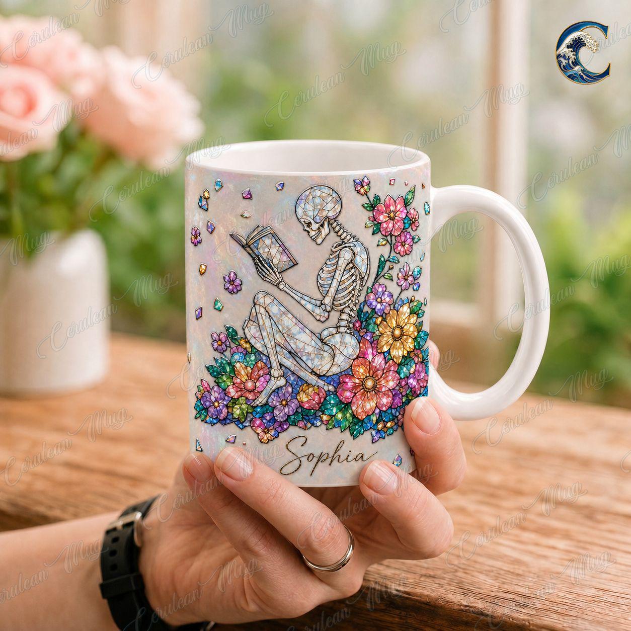 Personalized Skeleton Mug, Floral Reading Coffee Mug, Gemstone Skeleton Book Mug, Custom Name Flower Mug, Bookworm  Gift