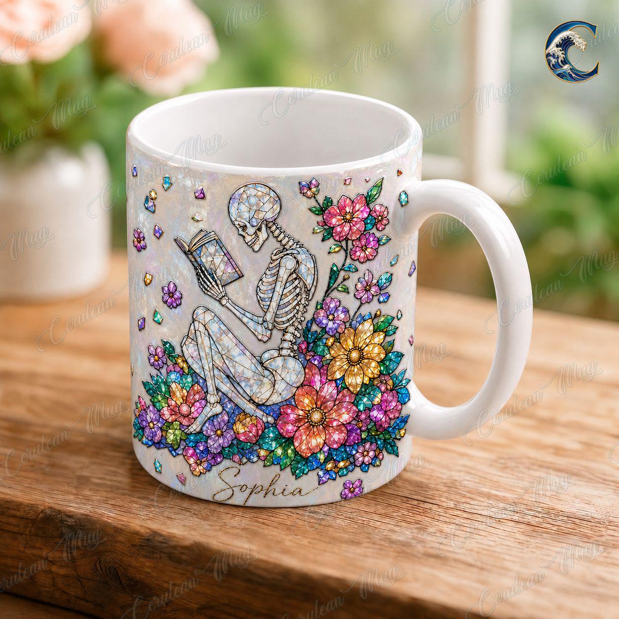 Personalized Skeleton Mug, Floral Reading Coffee Mug, Gemstone Skeleton Book Mug, Custom Name Flower Mug, Bookworm  Gift