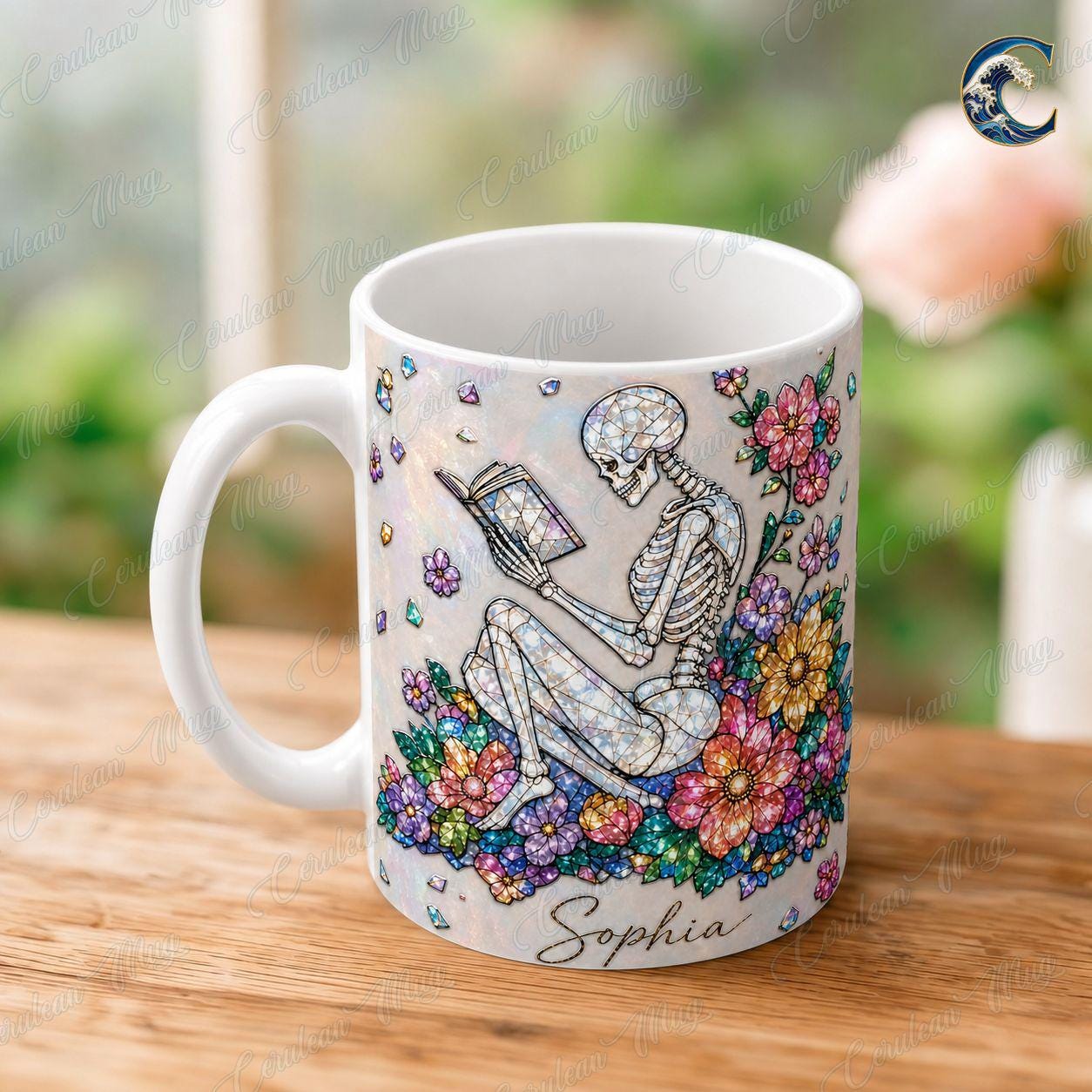 Personalized Skeleton Mug, Floral Reading Coffee Mug, Gemstone Skeleton Book Mug, Custom Name Flower Mug, Bookworm  Gift
