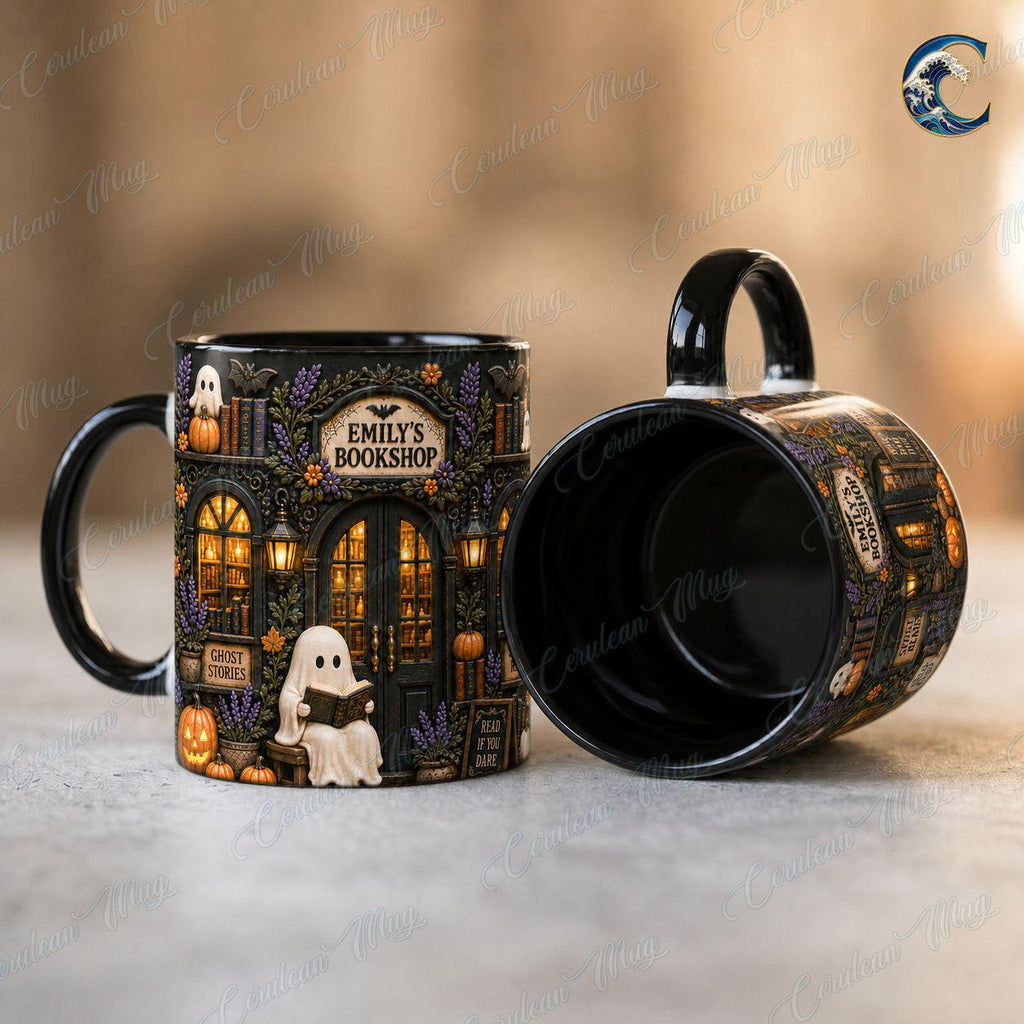 Personalized Bookshop Mug, Custom Name Bookshop Coffee Mug, Spooky Reads Ghost Mug, Custom Name Black Mug, Halloween Reading Gift