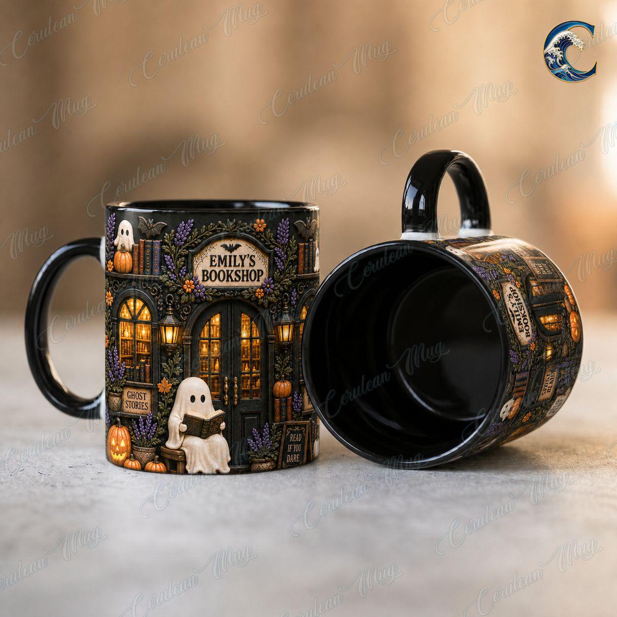 Personalized Bookshop Mug, Custom Name Bookshop Coffee Mug, Spooky Reads Ghost Mug, Custom Name Black Mug, Halloween Reading Gift