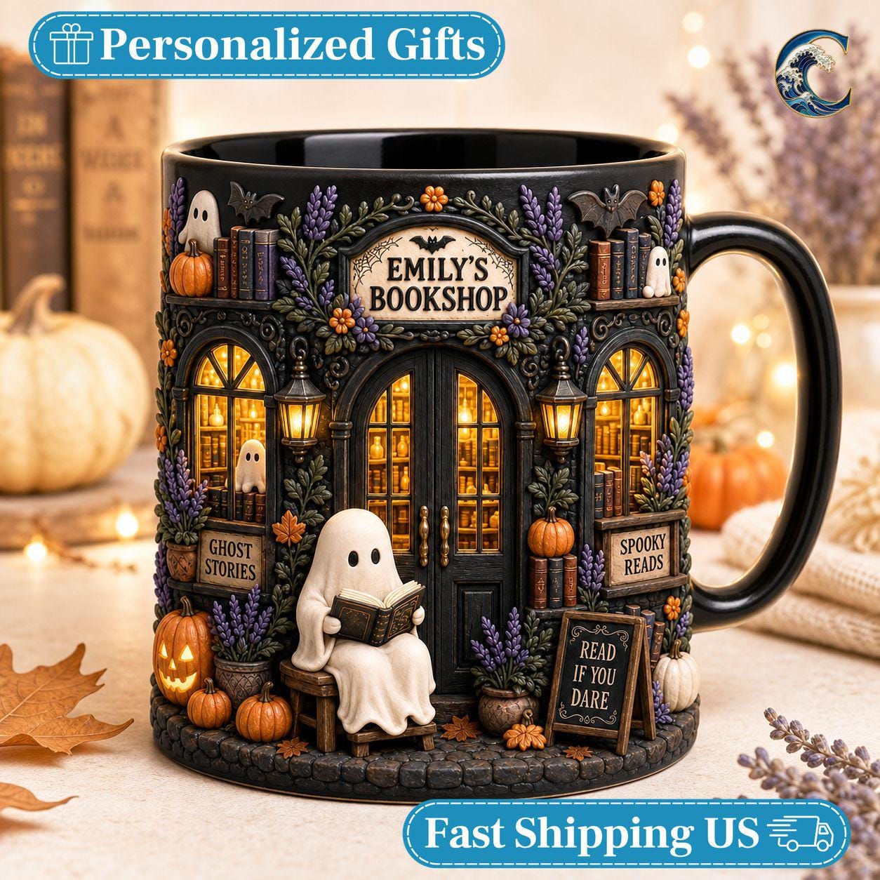 Personalized Bookshop Mug, Custom Name Bookshop Coffee Mug, Spooky Reads Ghost Mug, Custom Name Black Mug, Halloween Reading Gift