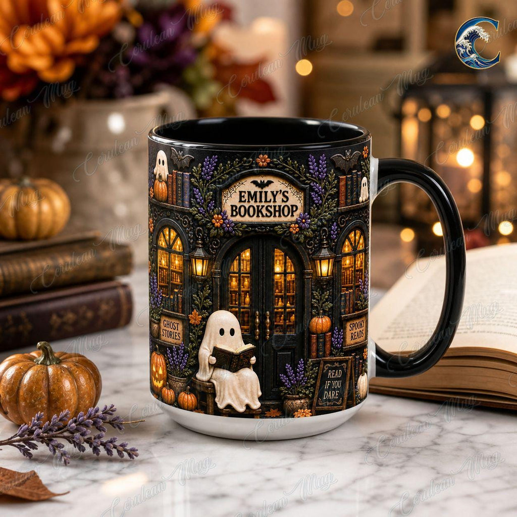 Personalized Bookshop Mug, Custom Name Bookshop Coffee Mug, Spooky Reads Ghost Mug, Custom Name Black Mug, Halloween Reading Gift
