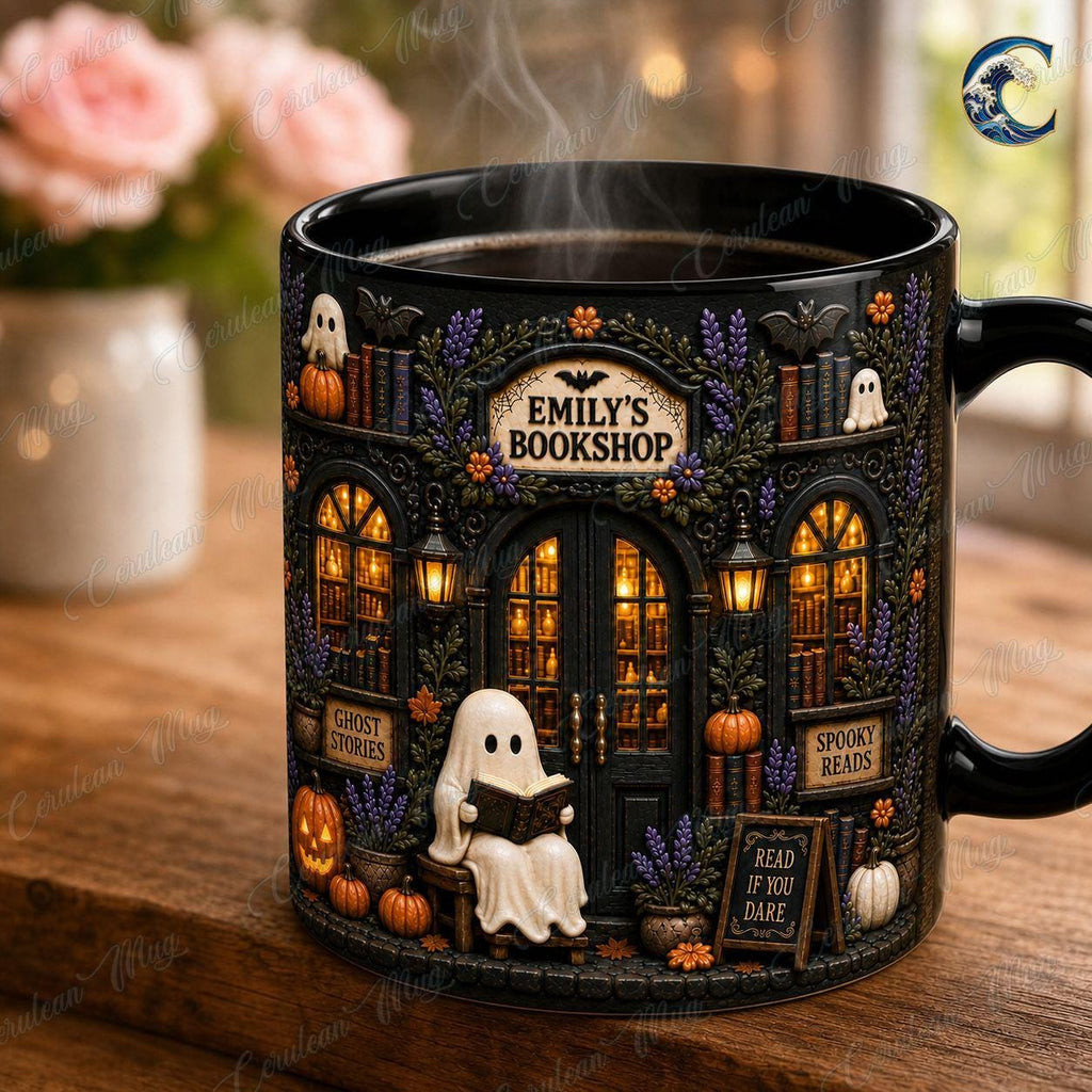 Personalized Bookshop Mug, Custom Name Bookshop Coffee Mug, Spooky Reads Ghost Mug, Custom Name Black Mug, Halloween Reading Gift