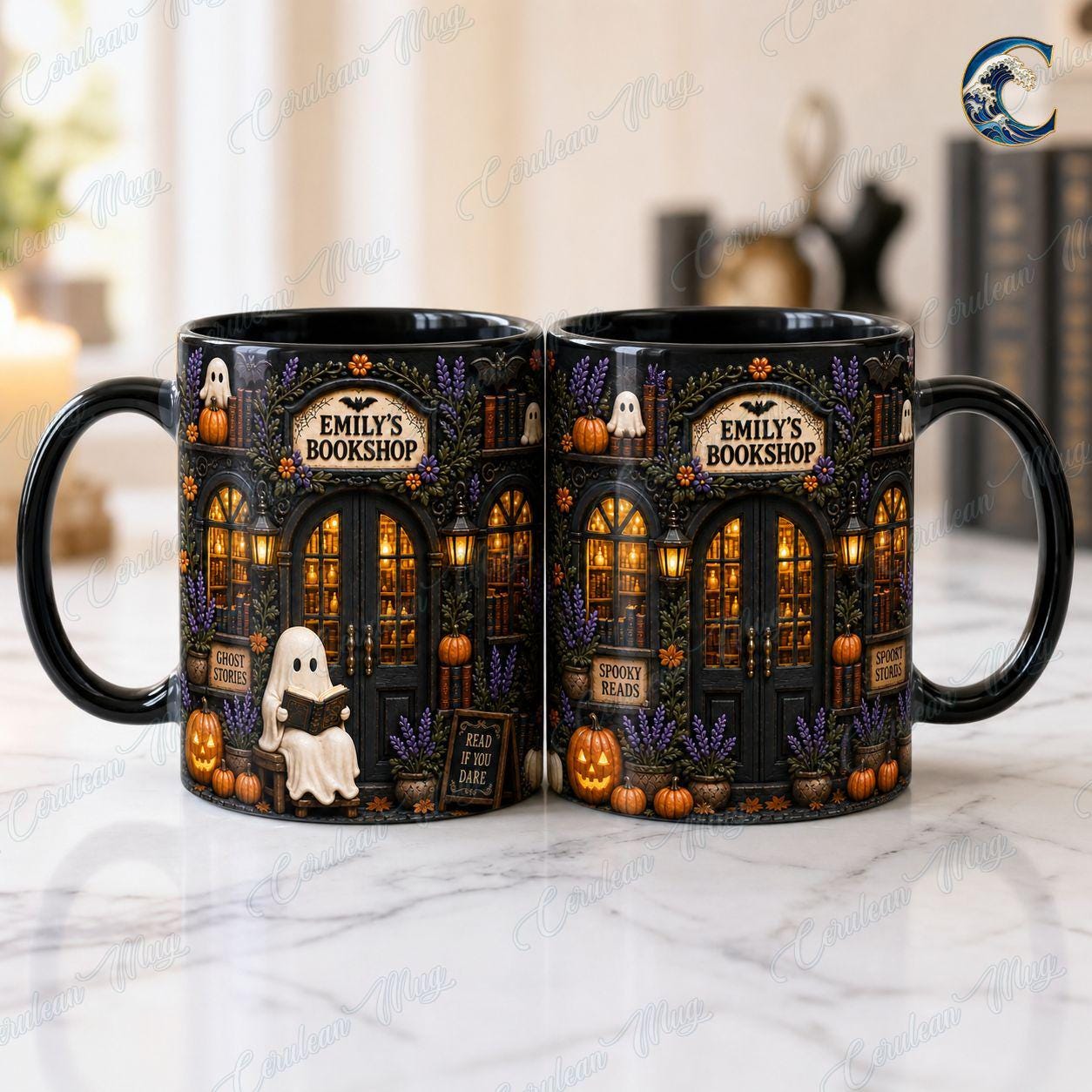 Personalized Bookshop Mug, Custom Name Bookshop Coffee Mug, Spooky Reads Ghost Mug, Custom Name Black Mug, Halloween Reading Gift