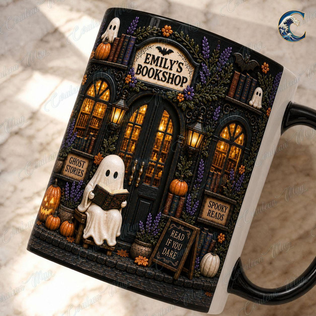 Personalized Bookshop Mug, Custom Name Bookshop Coffee Mug, Spooky Reads Ghost Mug, Custom Name Black Mug, Halloween Reading Gift