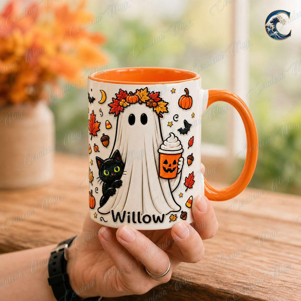 Personalized Ghost Cat Mug, Willow Halloween Coffee Mug, Pumpkin Latte Ghost Mug, Custom Name Kids Mug, Fall Halloween Gift