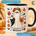 Personalized Ghost Cat Mug, Willow Halloween Coffee Mug, Pumpkin Latte Ghost Mug, Custom Name Kids Mug, Fall Halloween Gift