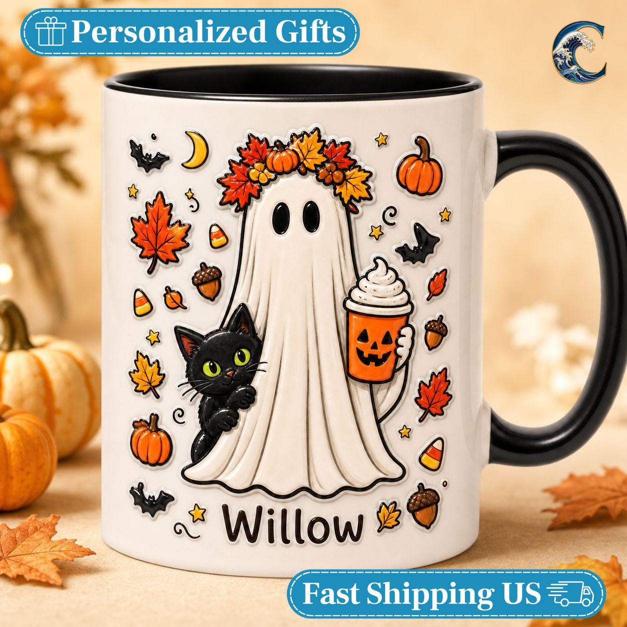 Personalized Ghost Cat Mug, Willow Halloween Coffee Mug, Pumpkin Latte Ghost Mug, Custom Name Kids Mug, Fall Halloween Gift