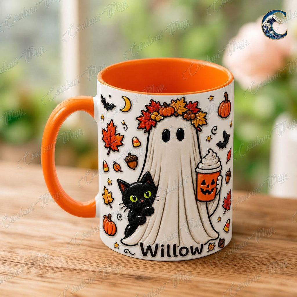 Personalized Ghost Cat Mug, Willow Halloween Coffee Mug, Pumpkin Latte Ghost Mug, Custom Name Kids Mug, Fall Halloween Gift