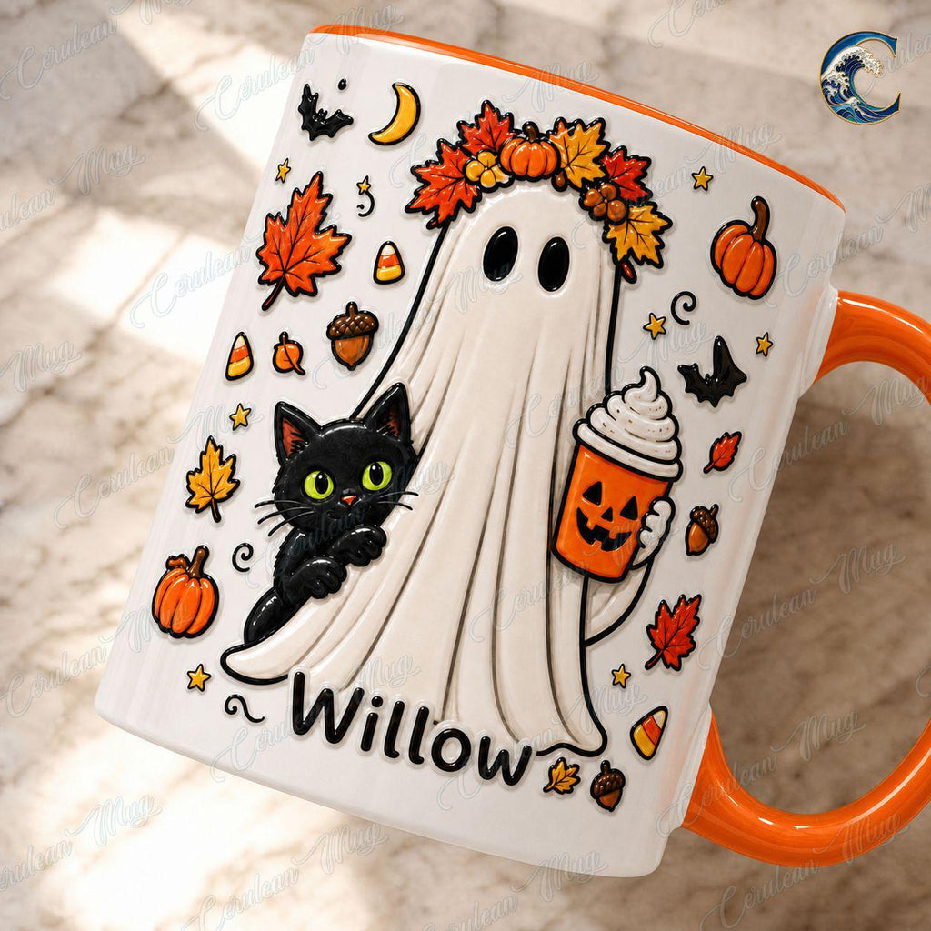 Personalized Ghost Cat Mug, Willow Halloween Coffee Mug, Pumpkin Latte Ghost Mug, Custom Name Kids Mug, Fall Halloween Gift