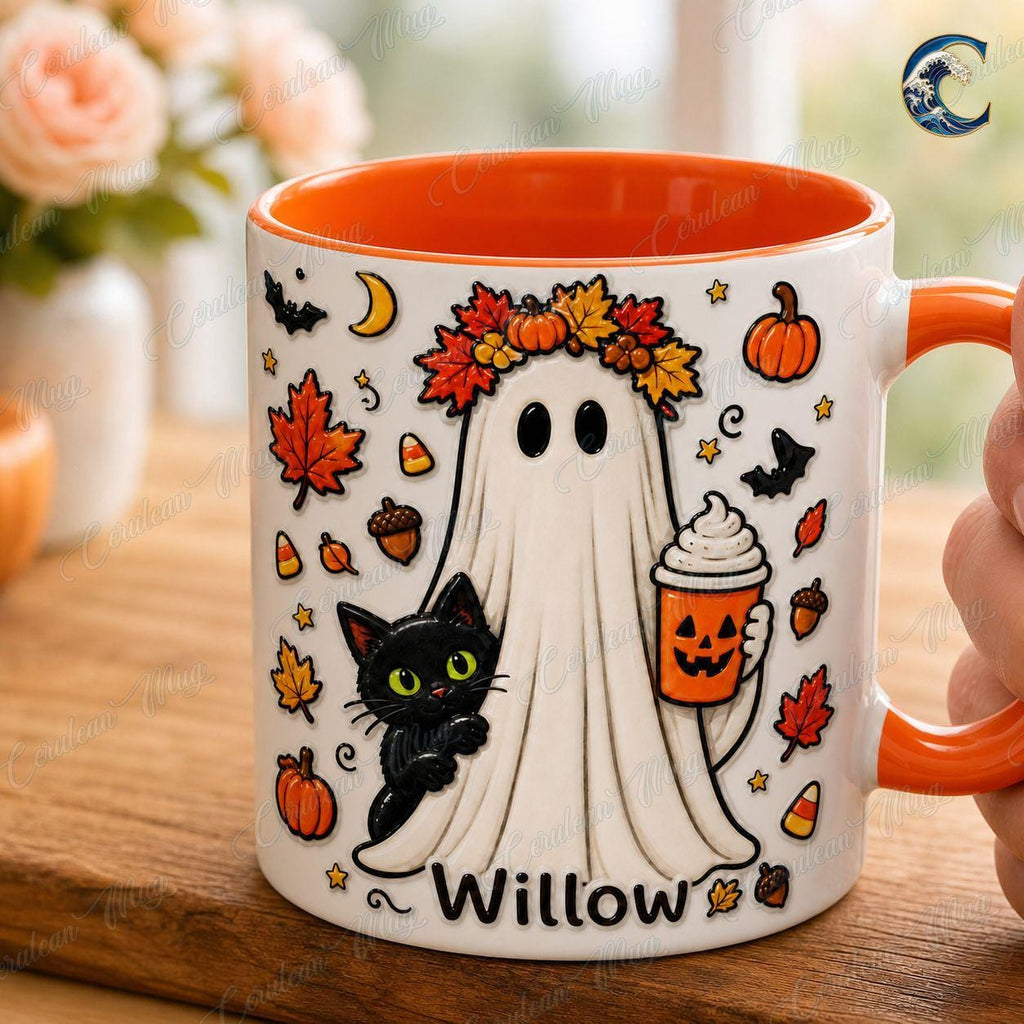 Personalized Ghost Cat Mug, Willow Halloween Coffee Mug, Pumpkin Latte Ghost Mug, Custom Name Kids Mug, Fall Halloween Gift