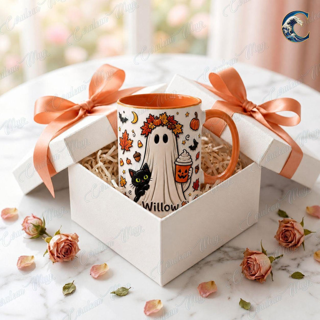 Personalized Ghost Cat Mug, Willow Halloween Coffee Mug, Pumpkin Latte Ghost Mug, Custom Name Kids Mug, Fall Halloween Gift