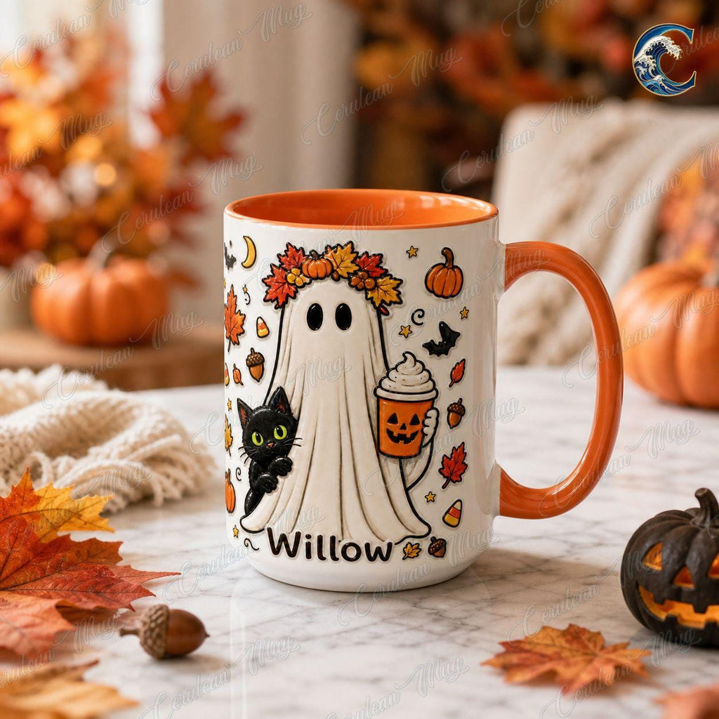Personalized Ghost Cat Mug, Willow Halloween Coffee Mug, Pumpkin Latte Ghost Mug, Custom Name Kids Mug, Fall Halloween Gift