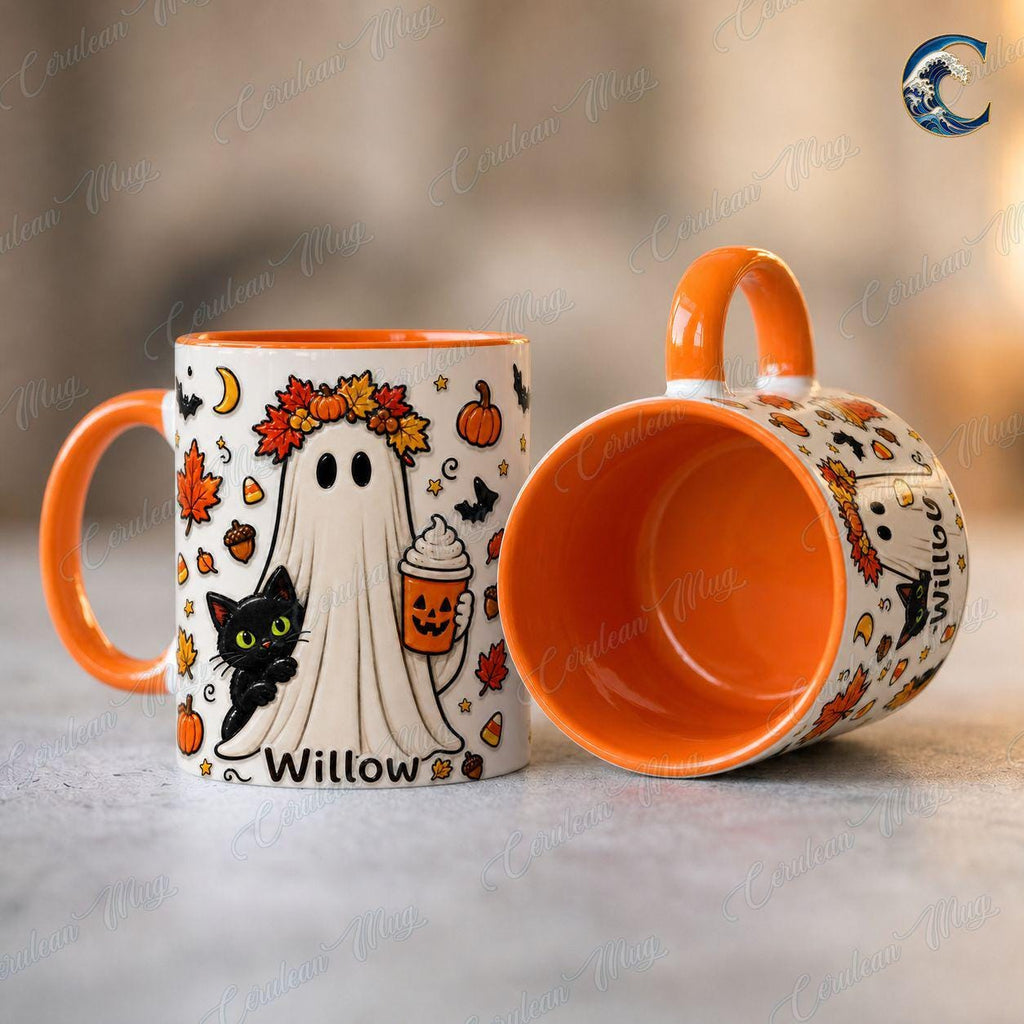 Personalized Ghost Cat Mug, Willow Halloween Coffee Mug, Pumpkin Latte Ghost Mug, Custom Name Kids Mug, Fall Halloween Gift