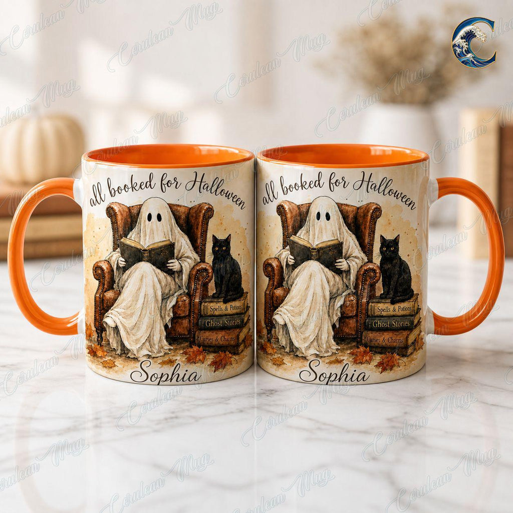 Personalized Ghost Book Mug, Booked Halloween Coffee Mug, Cozy Armchair Mug, Halloween Reading Ghost Mug, Spooky Books Gift