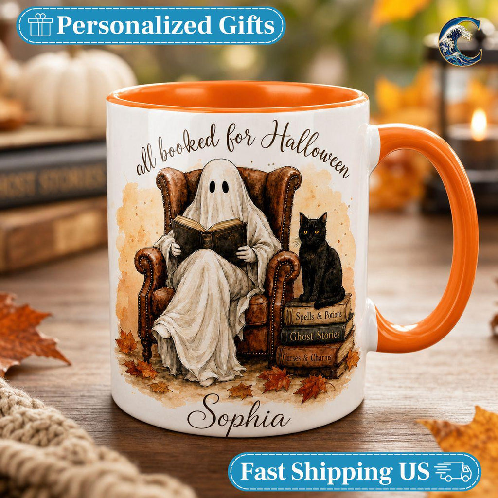 Personalized Ghost Book Mug, Booked Halloween Coffee Mug, Cozy Armchair Mug, Halloween Reading Ghost Mug, Spooky Books Gift