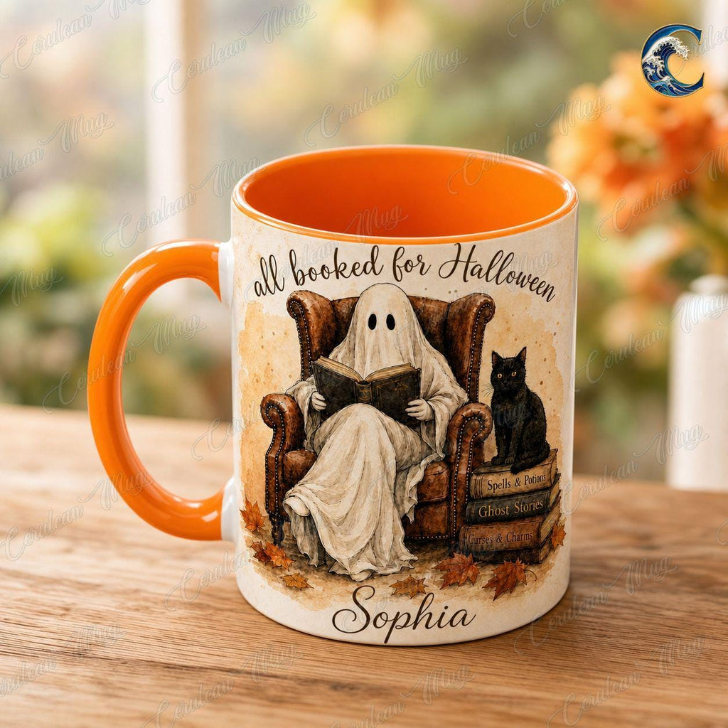 Personalized Ghost Book Mug, Booked Halloween Coffee Mug, Cozy Armchair Mug, Halloween Reading Ghost Mug, Spooky Books Gift