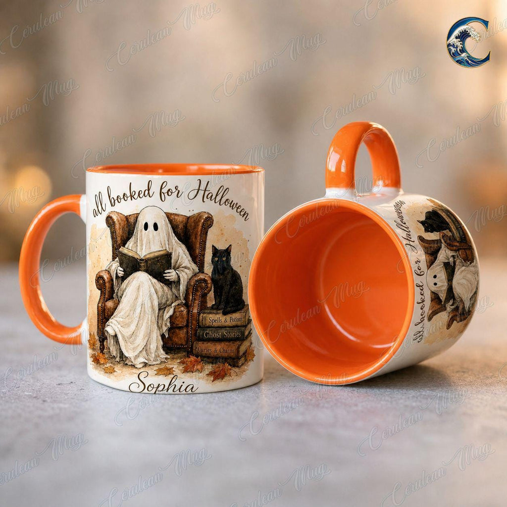 Personalized Ghost Book Mug, Booked Halloween Coffee Mug, Cozy Armchair Mug, Halloween Reading Ghost Mug, Spooky Books Gift