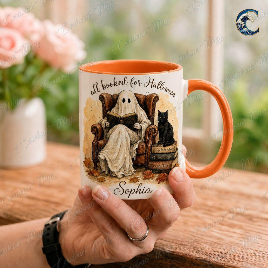 Personalized Ghost Book Mug, Booked Halloween Coffee Mug, Cozy Armchair Mug, Halloween Reading Ghost Mug, Spooky Books Gift