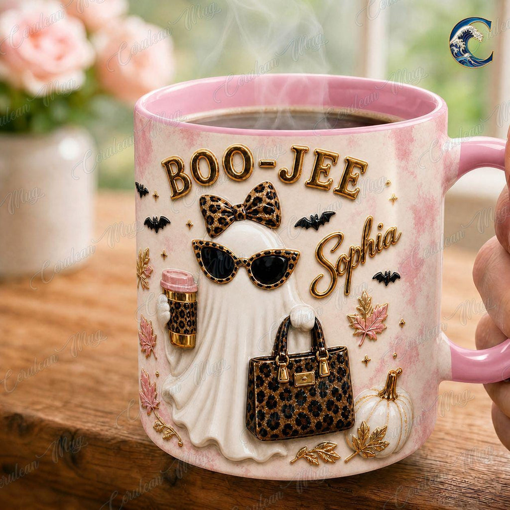 Personalized Boo Jee Mug, Leopard Ghost Coffee Mug, Boujee Halloween Mug, Custom Name Leopard  Mug, Trendy Boujee Fall Gift