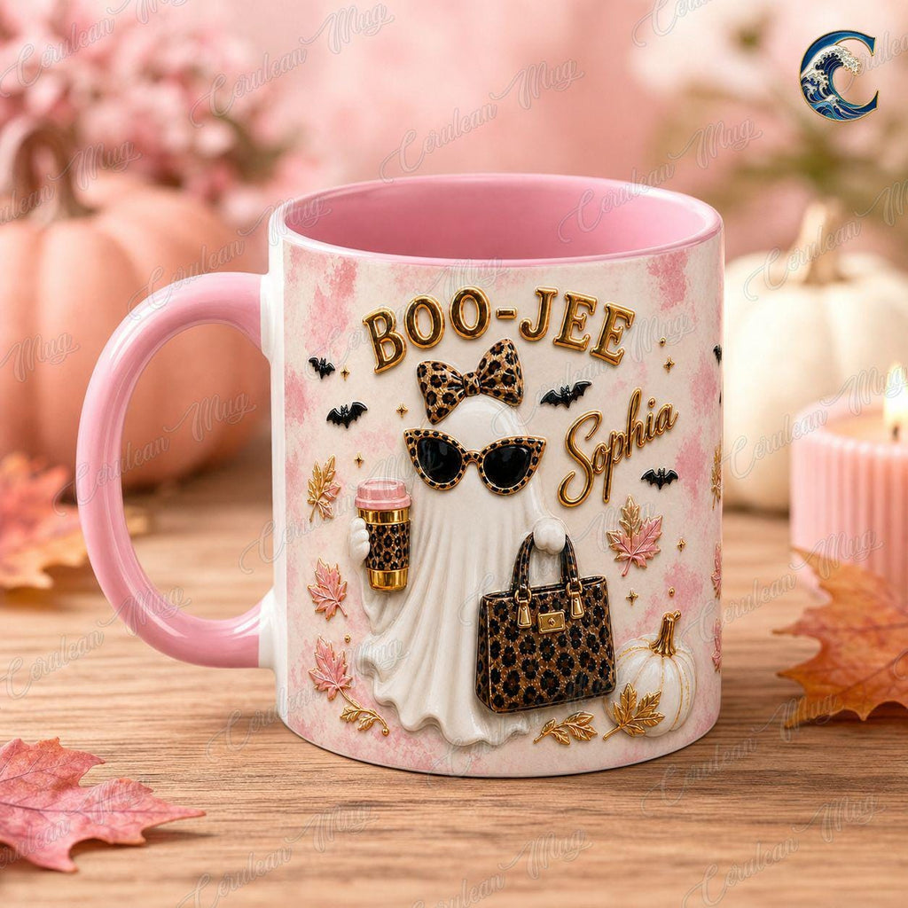 Personalized Boo Jee Mug, Leopard Ghost Coffee Mug, Boujee Halloween Mug, Custom Name Leopard  Mug, Trendy Boujee Fall Gift