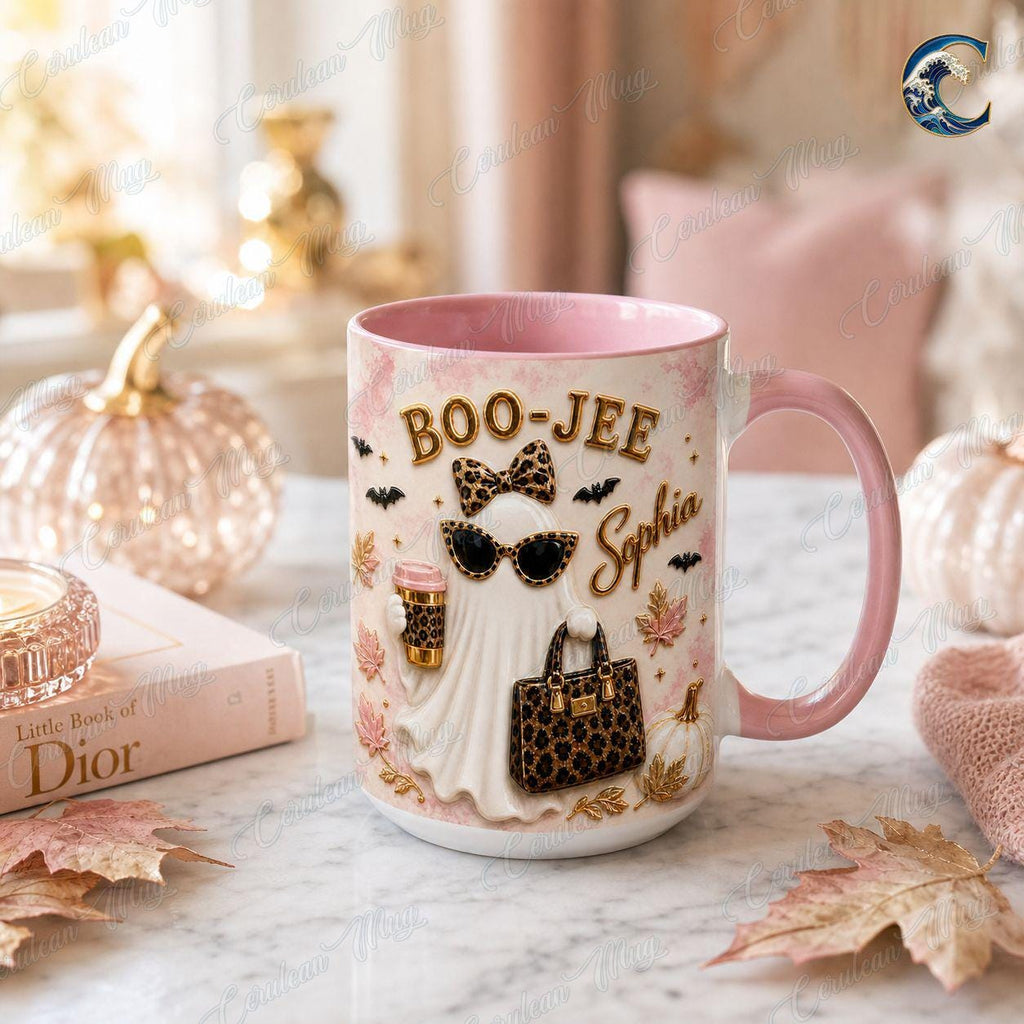 Personalized Boo Jee Mug, Leopard Ghost Coffee Mug, Boujee Halloween Mug, Custom Name Leopard  Mug, Trendy Boujee Fall Gift